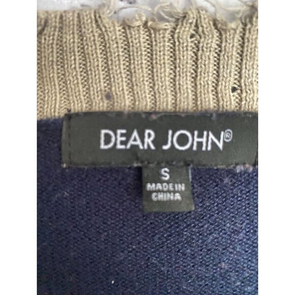 Dear John Distressed Neck and Cuff Navy Blue V Neck Sweater S - Picture 2 of 4